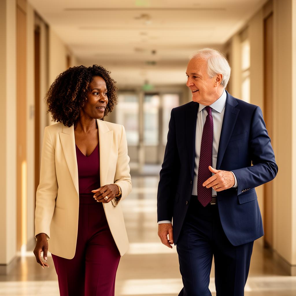 Two senior executives in a hallway conversation between meetings